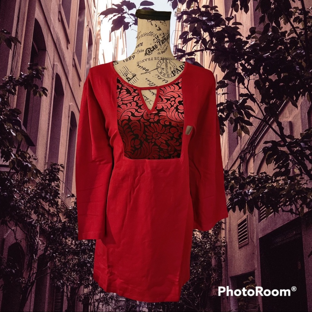 BLACK- NWT Catherines 3/4 Sleeve Top w/ Velvet Flower Overlay •Black Color Only•